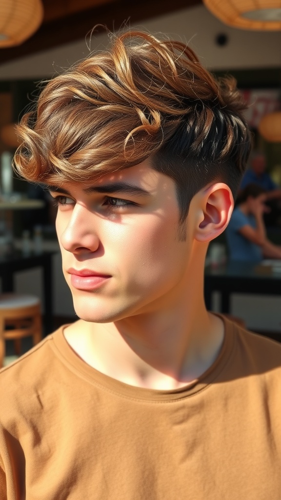 A young man with curly hair styled in a side sweep with tapered sides