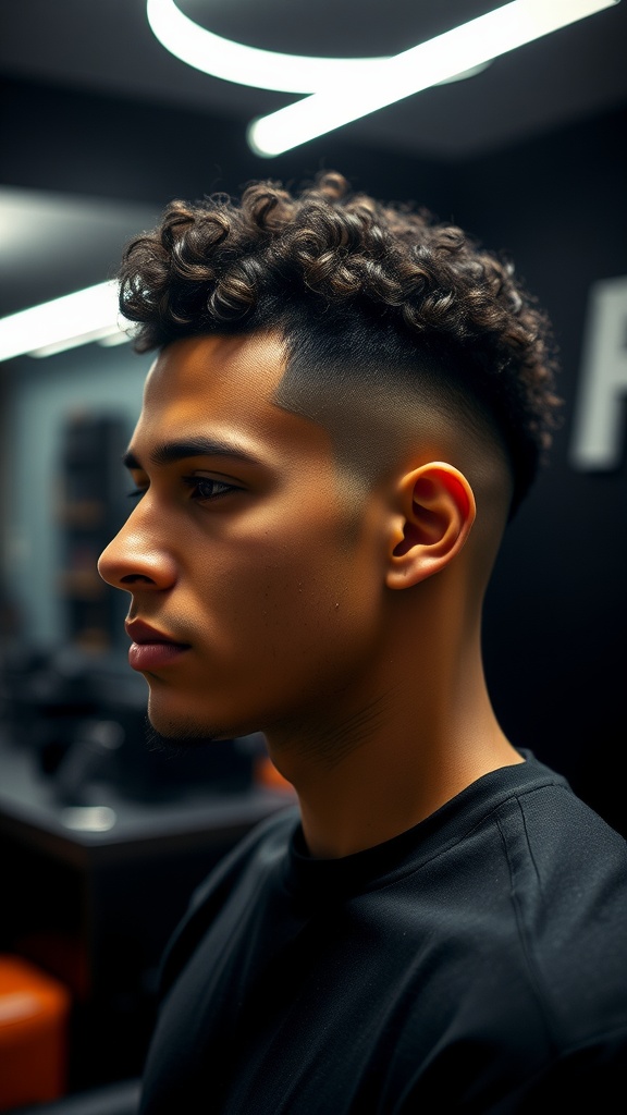 A man showcasing a curly skin fade hairstyle, featuring defined curls on top and a clean fade on the sides.