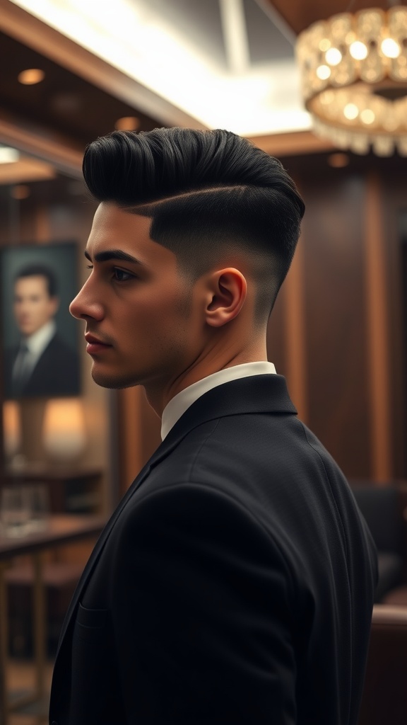 A young man with curly hair styled slicked back and a low fade, wearing a suit.