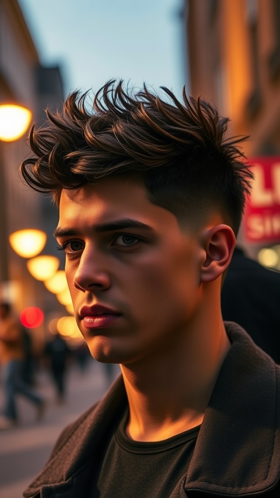 A man with curly spiky hair on top and a fade on the sides, showcasing a modern hairstyle.