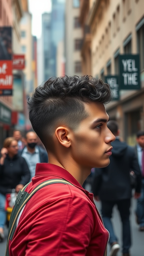 A young man with short curly hair styled in a tapered cut, walking in a busy urban setting