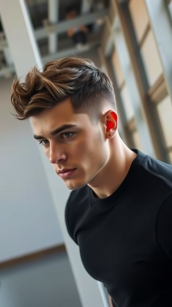 A young man with curly hair styled in a tapered cut, showcasing loose curls on top and short sides.
