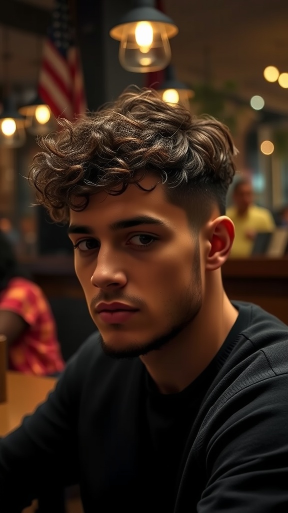 A young man with a curly textured crop hairstyle, featuring defined curls on top and shorter sides.