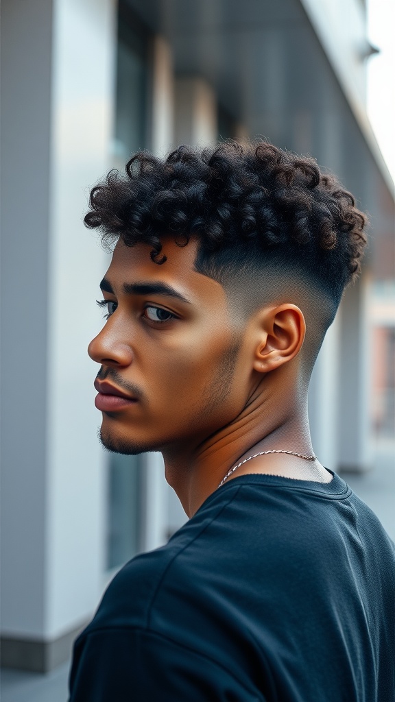 A man with a curly top fade hairstyle, showcasing defined curls on top and a clean fade on the sides.