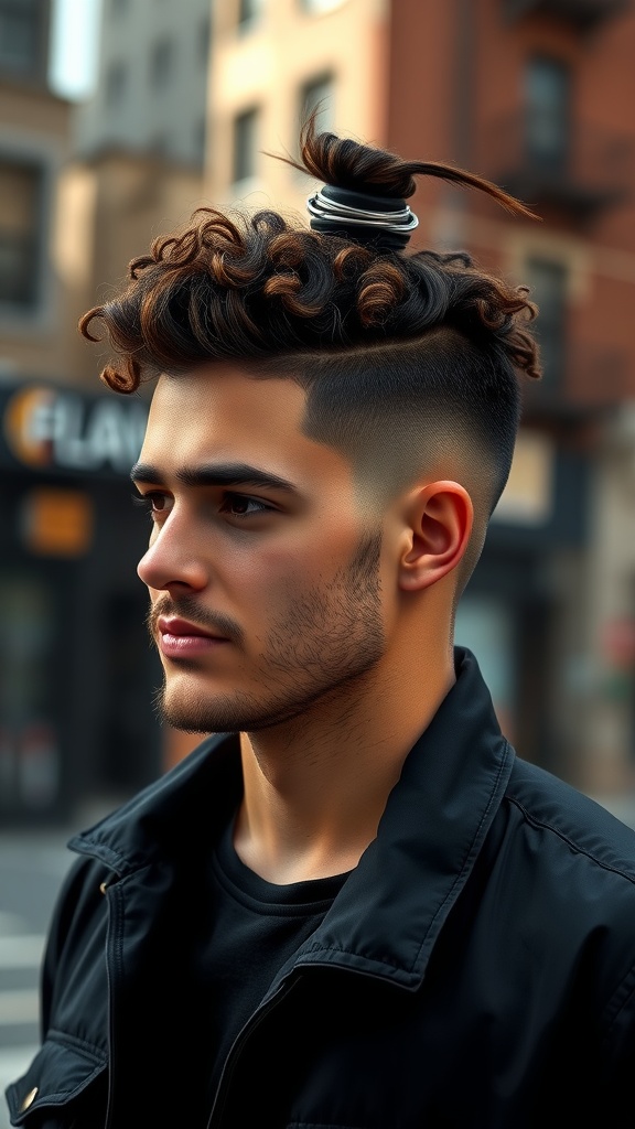 A man with a curly top knot hairstyle and faded sides, wearing a black jacket, in an urban setting.