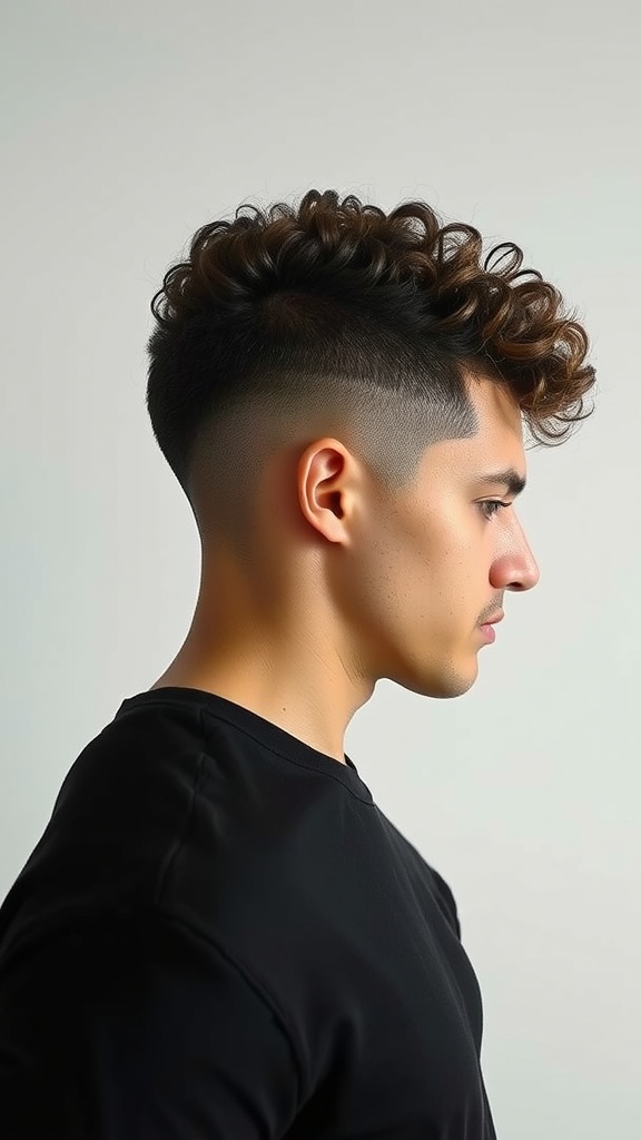 A young man with a curly undercut hairstyle, featuring a voluminous top and closely shaved sides.