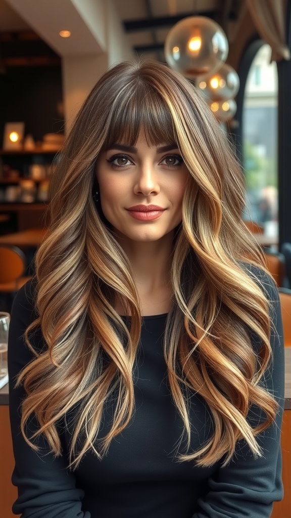 Woman with long layered hair and curtain bangs, looking stylish and elegant.