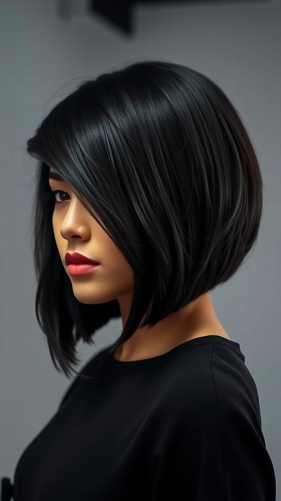 A woman with a sleek, curved asymmetrical bob hairstyle, featuring longer front strands that frame her face.