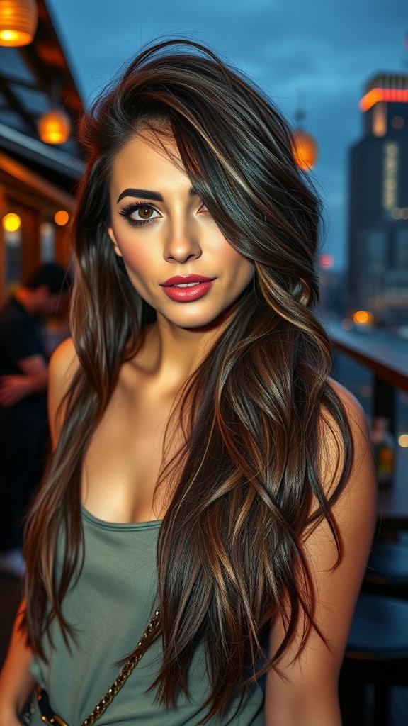 A woman with long tousled layers and a deep side part, looking stylish outdoors.