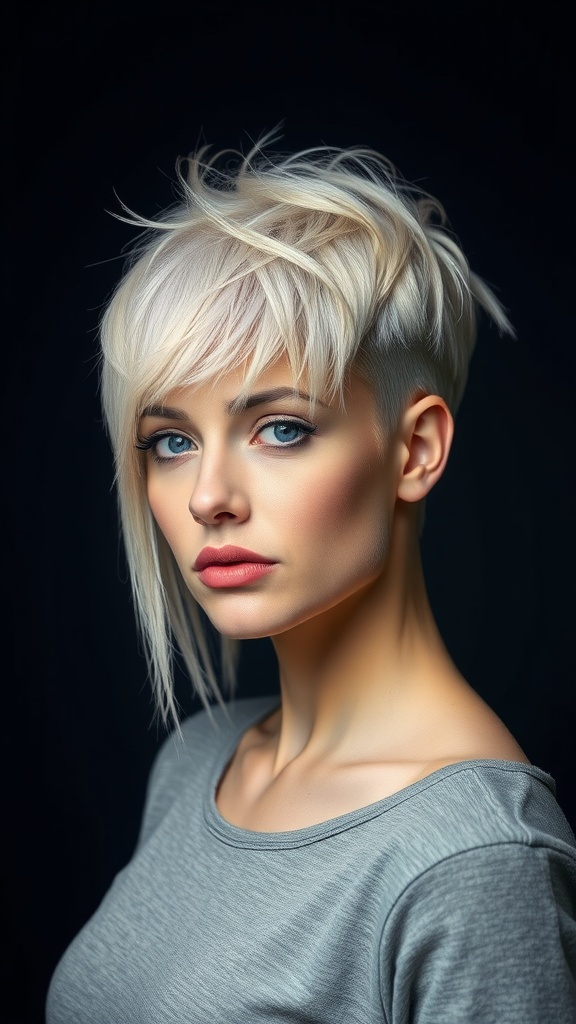 A woman with a disconnected pixie haircut featuring short sides and longer top layers, styled in a chic and edgy way.