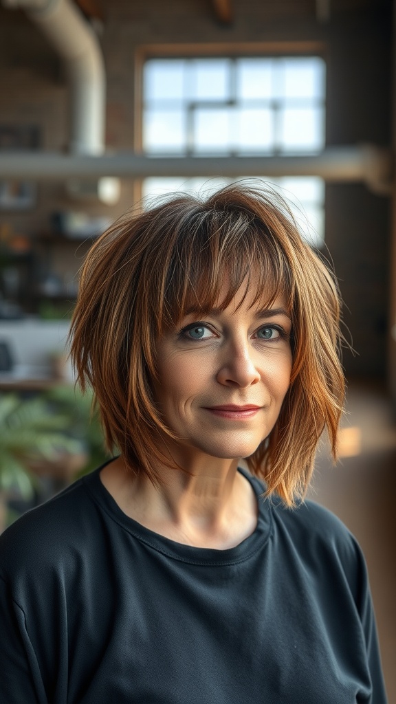 A woman with a disconnected shaggy bob haircut featuring razored ends, wearing a black top, in a bright interior space.