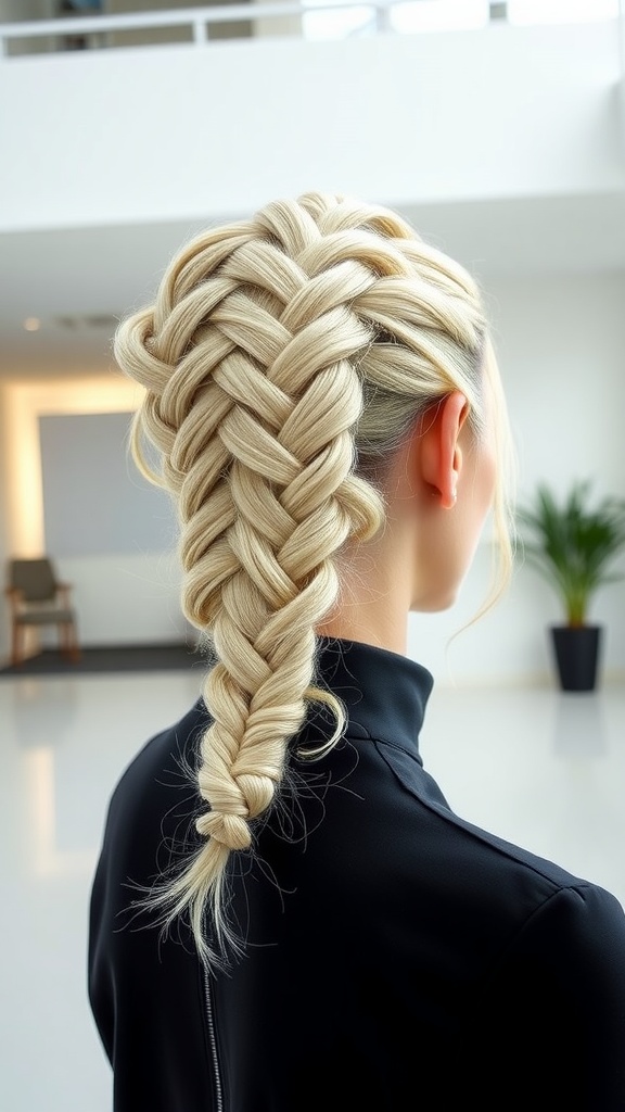 A woman with a double fishtail braid updo, showcasing a neatly woven hairstyle.