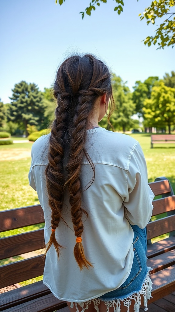 A woman sitting on a bench with double fishtail braids in her long hair, wearing a white shirt and denim shorts, in a sunny park.