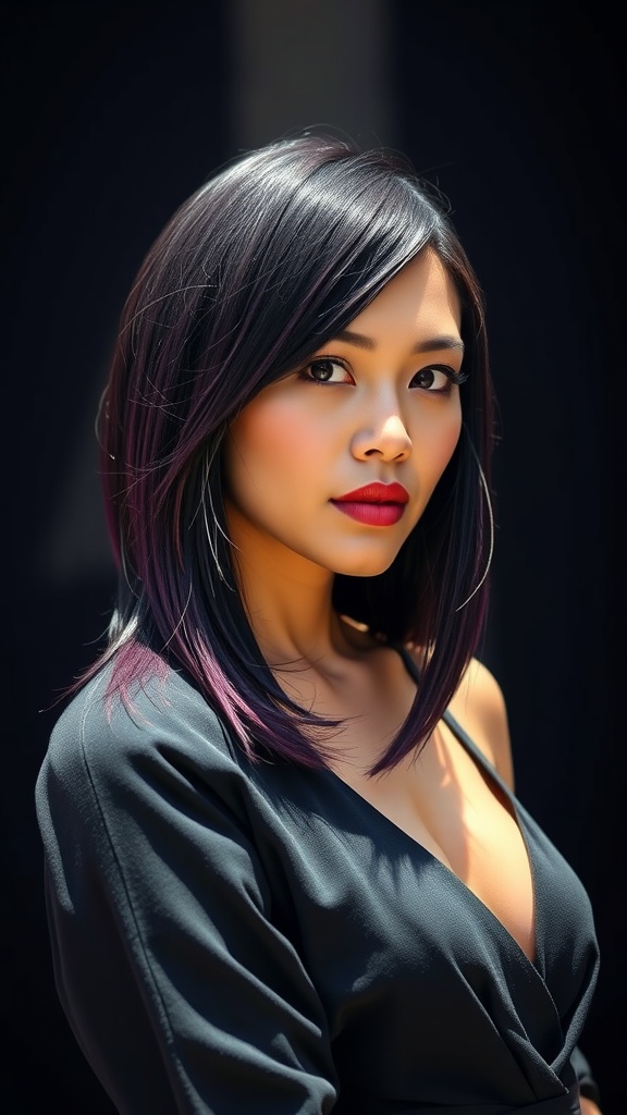 A woman with a long asymmetrical bob haircut featuring dark hair with purple highlights, set against a dark background.