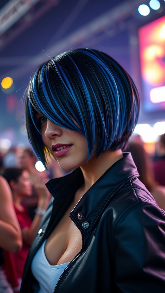 A woman with an edgy A-line bob haircut featuring vibrant blue streaks, wearing a black leather jacket.