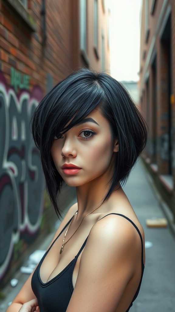 An edgy asymmetrical bob haircut with bold bangs on a woman, showcasing a modern and stylish look