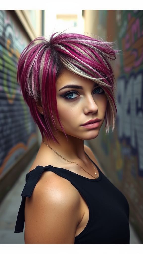 A woman with an edgy razor-cut asymmetrical bob featuring vibrant pink and silver hair color.