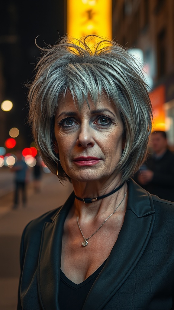 A woman over 60 with an edgy shag hairstyle featuring asymmetrical layers, wearing a fitted jacket and choker.
