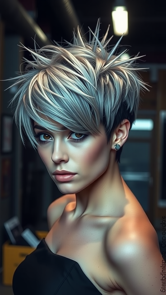 A woman with an edgy shag hairstyle featuring spiky tips, wearing a stylish outfit.