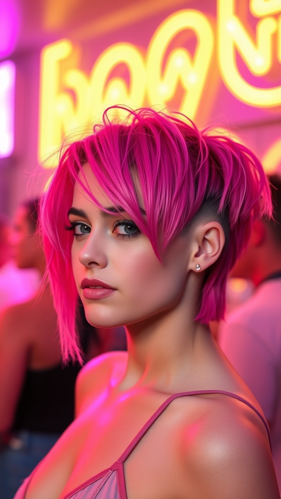 A woman with a vibrant pink shag haircut and an undercut, showcasing a bold hairstyle