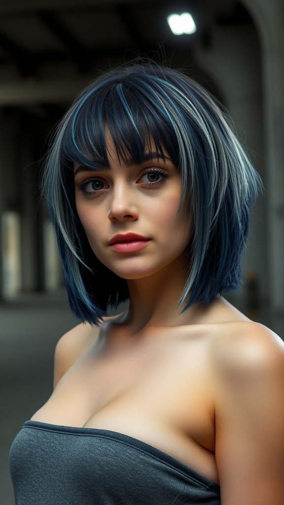 A woman with an edgy shaggy bob haircut featuring blue hair and a bold undercut.