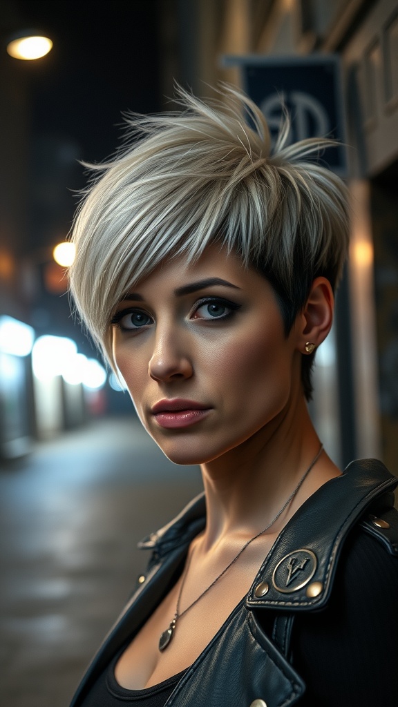 A woman with an edgy two-tone pixie haircut, showcasing a blend of light and dark colors, styled in a modern fashion.