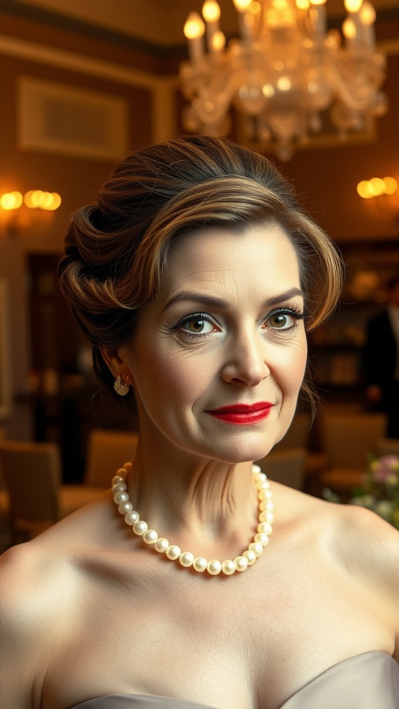 A woman with a chignon hairstyle, wearing a pearl necklace and red lipstick, looking elegant in a softly lit background.