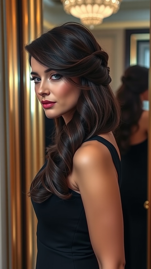 A woman with long hair styled in an elegant French twist, wearing a black dress.