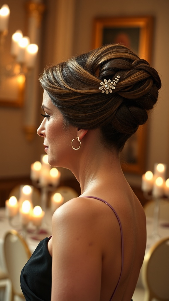 A woman with a French twist hairstyle and elegant hair accessory, showcasing sophistication.