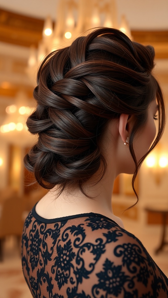 Elegant twisted updo hairstyle for medium length hair, showcasing intricate twists and rich dark color.