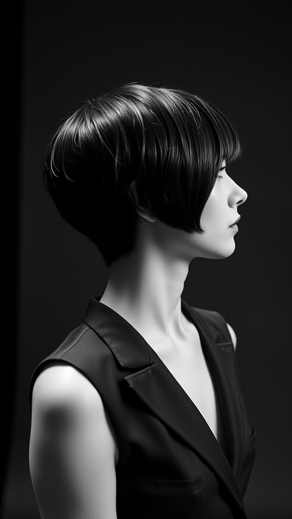 A side profile of a woman with a sleek Eton crop hairstyle, wearing a black outfit against a dark background.
