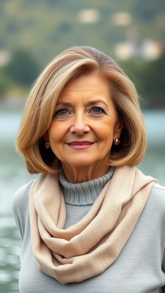 A woman over 50 with face-framing layers, wearing a soft sweater and scarf, smiling at the camera
