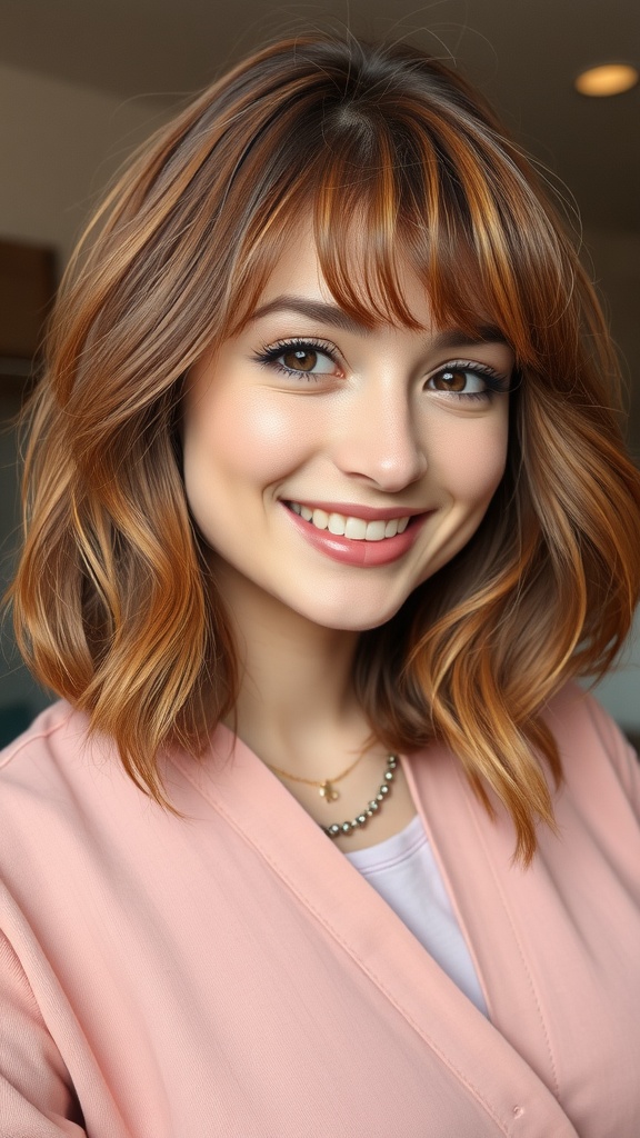 A smiling woman with medium-length hair styled in face-framing layers and bangs, wearing a pink outfit.