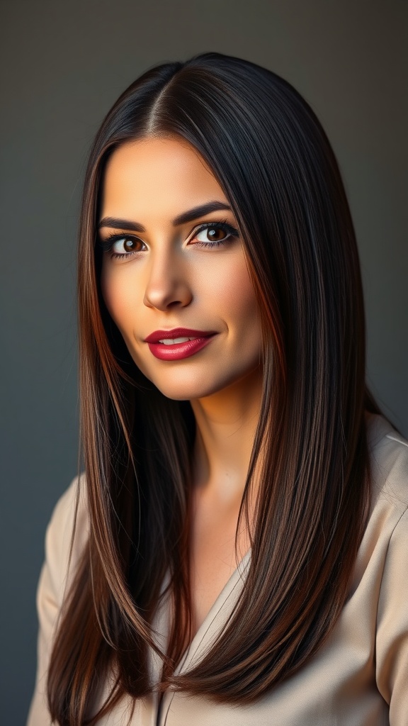 A woman with long, straight hair featuring face-framing layers, showcasing a fresh and youthful appearance.