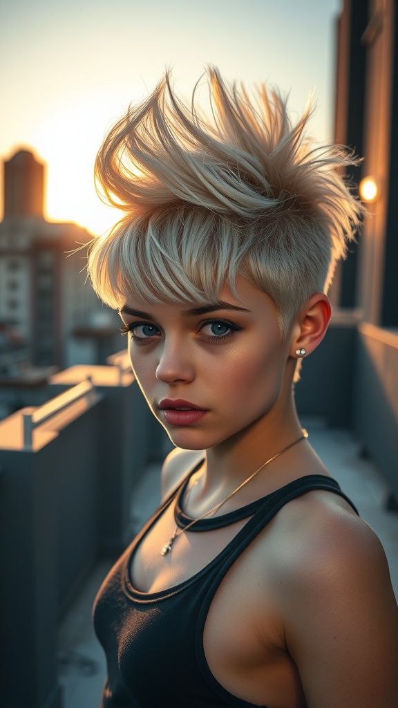 Teen girl with a faux hawk hairstyle and layered bangs, looking confidently at the camera