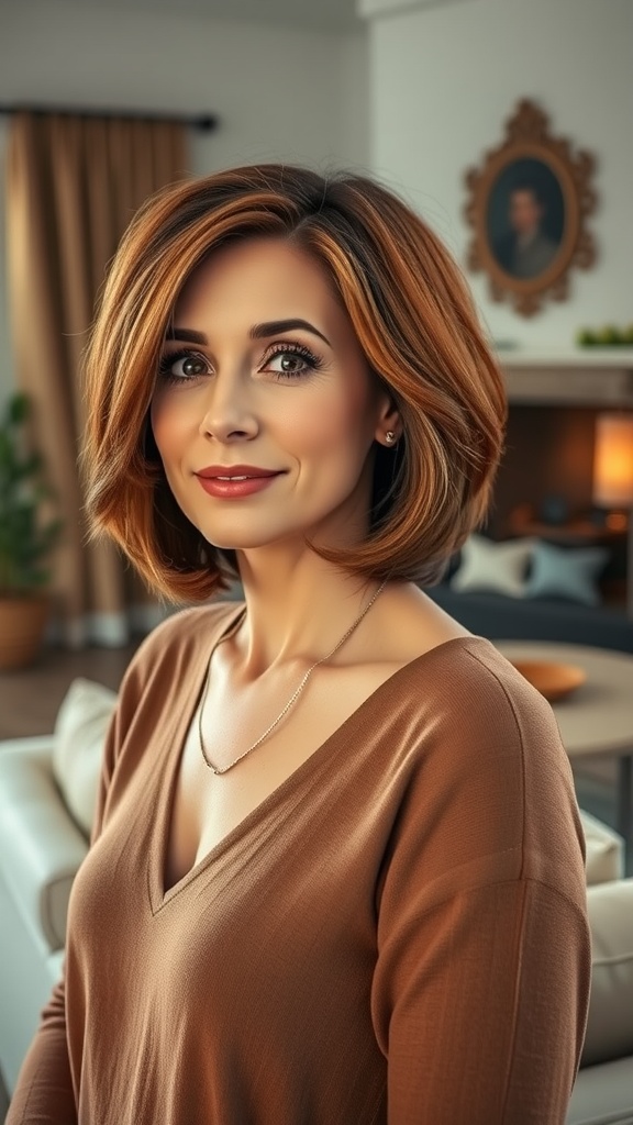 A woman with a feathered A-line bob haircut featuring subtle highlights, smiling in a cozy living room.