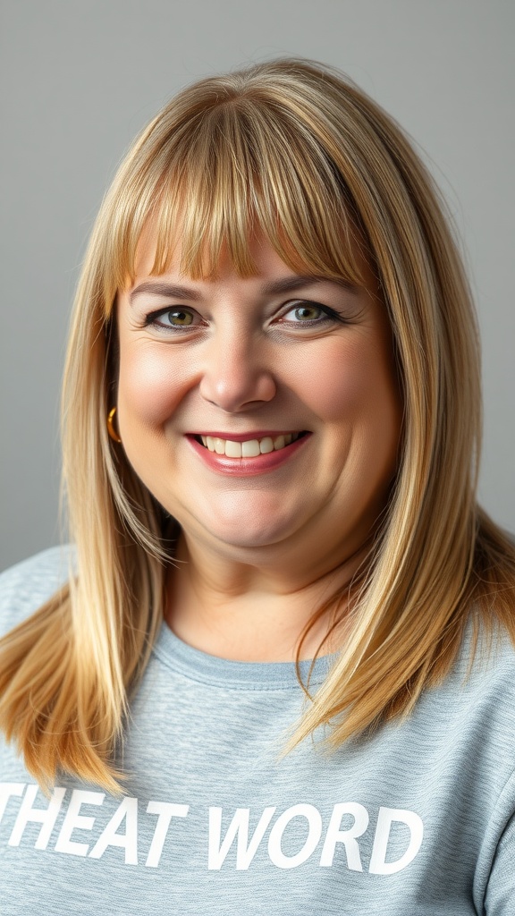 A smiling woman with feathered bangs and a lob hairstyle, wearing a light blue shirt.