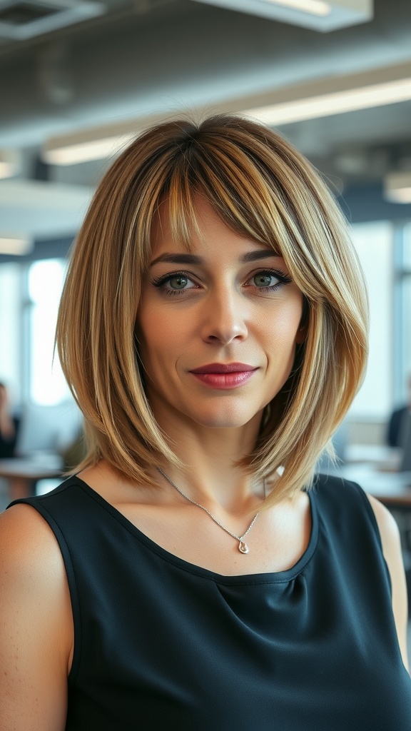 A woman with a feathered bob hairstyle, framed by soft layers and subtle highlights.