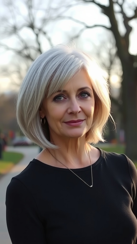 A woman with a feathered layered bob hairstyle, showcasing soft layers and a silver color, standing outdoors.
