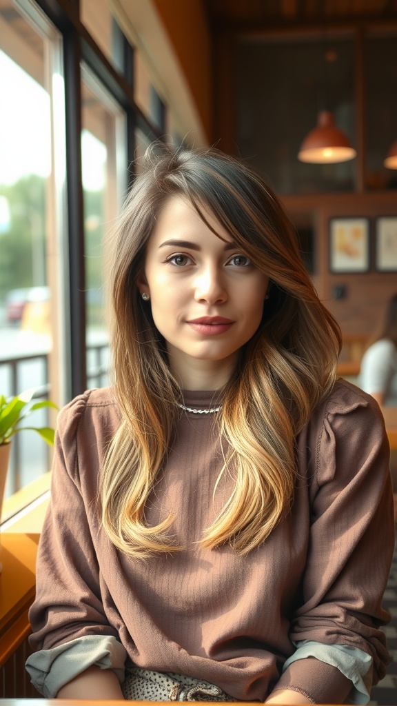 A woman with long feathered layers in her hair, sitting in a cafe