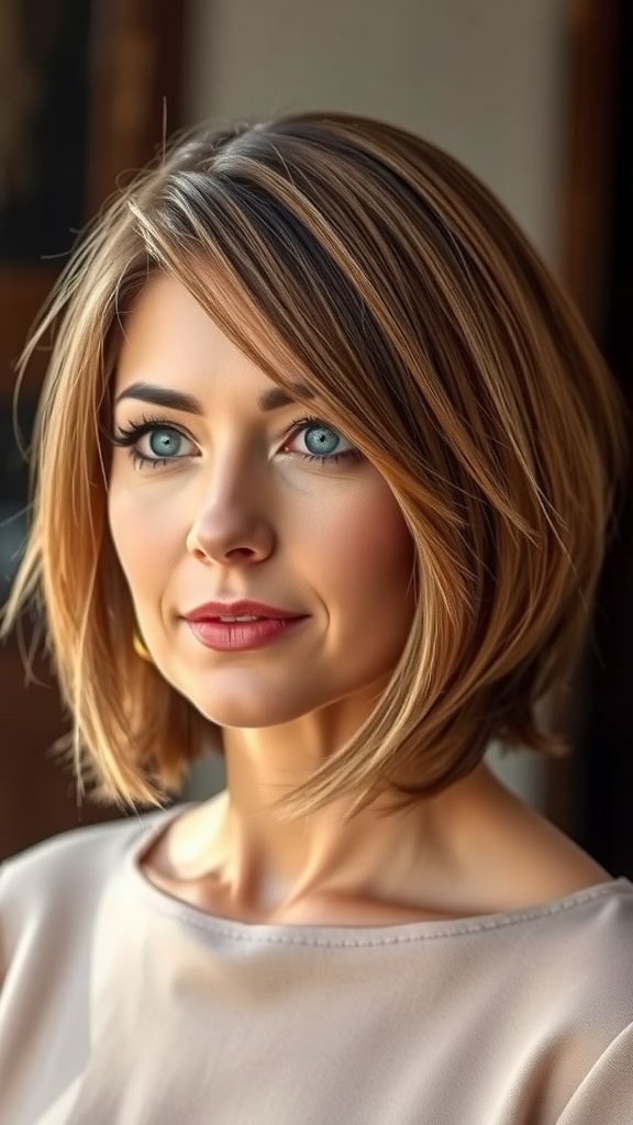 A woman with medium length feathered layers styled with a side part, showcasing soft waves and a relaxed look.