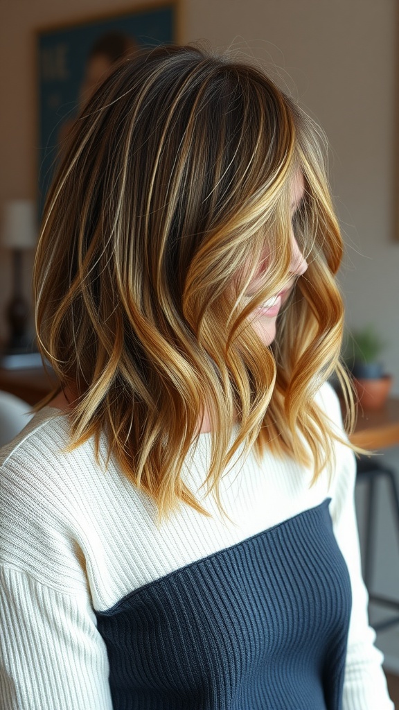 Woman with feathered layers and a side part, showcasing a stylish medium-length hairstyle
