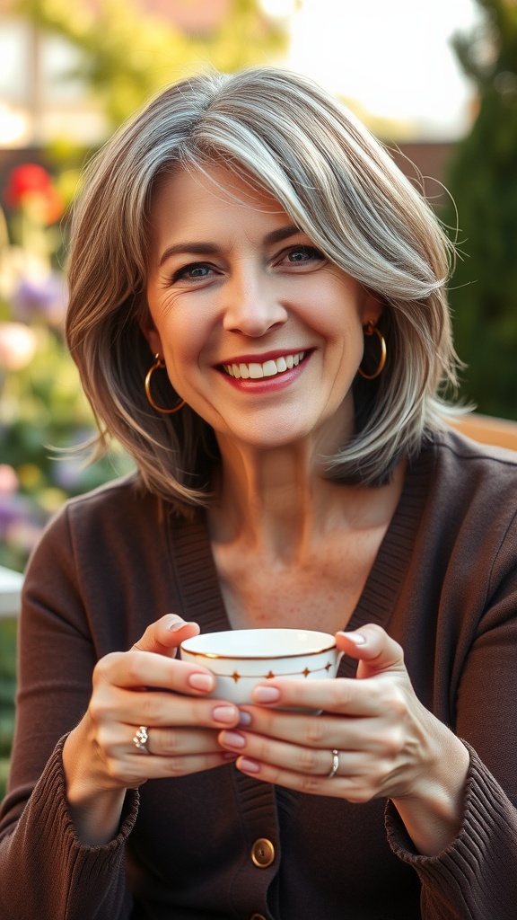 A woman with feathered midi cut and side bangs, holding a cup, smiling outdoors.