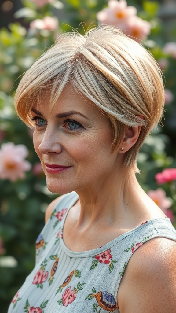 A woman with a feathered pixie cut, showcasing soft layers and light blonde highlights, smiling in a garden setting.