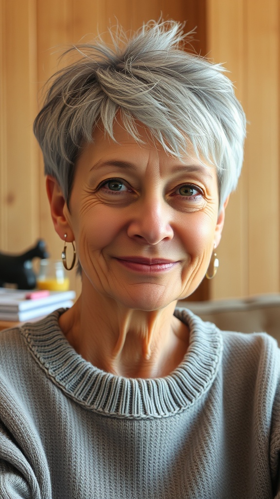 A woman with a feathered pixie cut and short bangs, smiling warmly