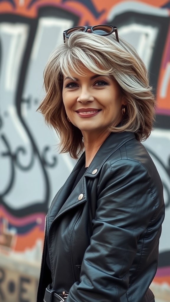 A woman with a feathered shag haircut, smiling against a colorful graffiti background, wearing a leather jacket.