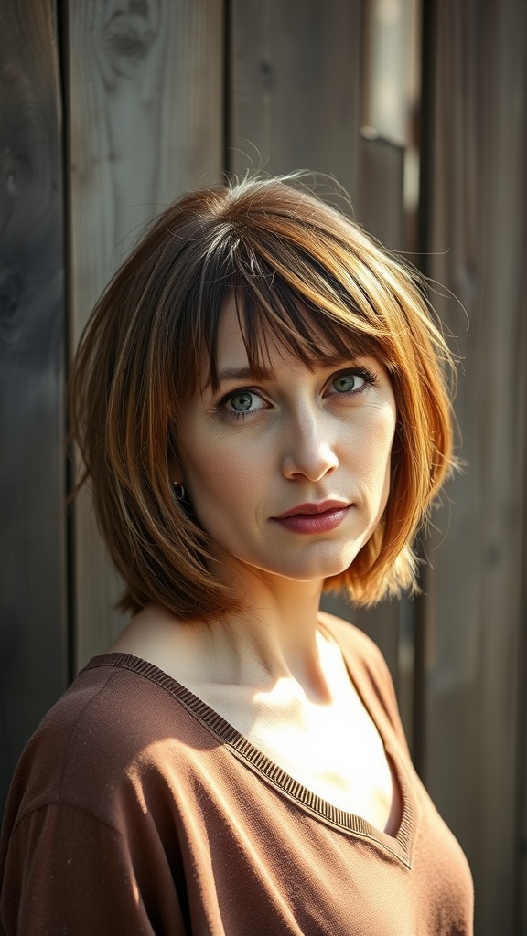 A woman with a feathered shag haircut and full bangs, standing in front of a wooden background.