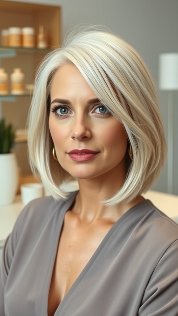 A woman with a fine-hair layered bob haircut, showcasing a light blonde color and soft layers.