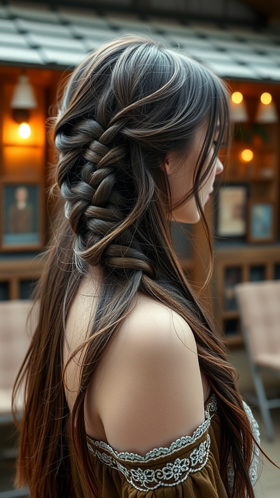 A woman showcasing a beautiful fishtail braid hairstyle, with long hair and a soft, elegant look.
