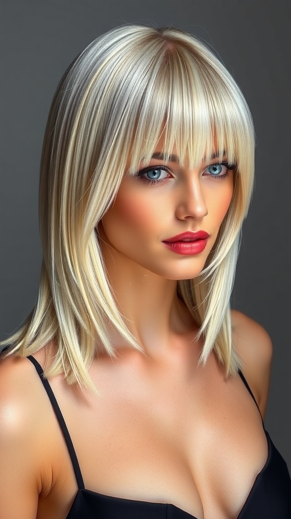 A woman with medium-length hair styled with flipped-out ends and bangs.